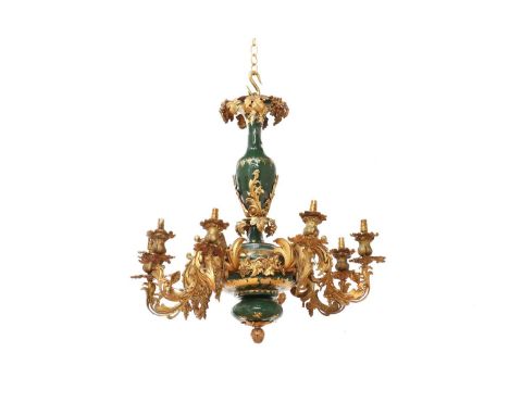 A green glass and gilt-metal chandelier, late 19th/early 20th century, French, with eight scrolling branches, decorated all o