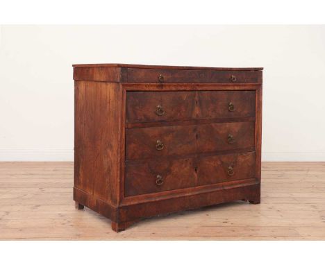 A Biedermeier burr elm commode,c.1840, with later brass drop handles, cushion mouldings, to a plinth base on shaped bracket f