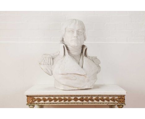 Attributed to James Deville, 19th century, a plaster bust of a naval commander in dress uniform, signed indistinctly,65cm wid