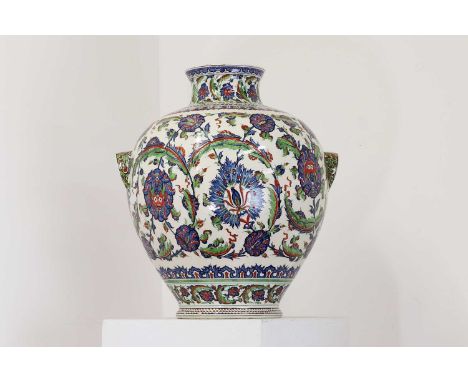 A very large Iznik-style pottery vase by Cantagalli,dated 1885, Italian, Florence, the waisted neck above a baluster body set