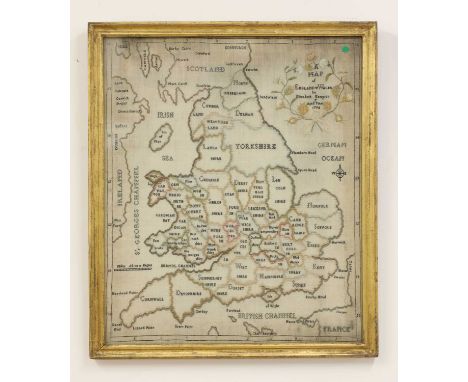 A George III map sampler of England and Wales,'by Elisabeth Kempton, aged 7 years, 1794', worked in polychrome silks on linen