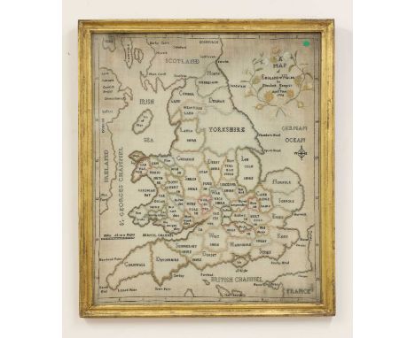 A George III map sampler of England and Wales,'by Elisabeth Kempton, aged 7 years, 1794', worked in polychrome silks on linen