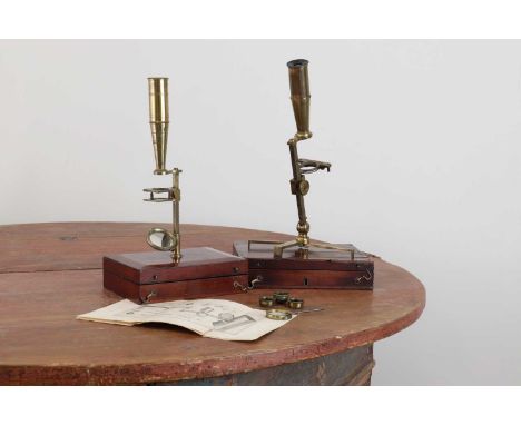 Two lacquered brass compound monocular microscopes,19th century, one with a folding tripod stand, a square pillar and rack-an