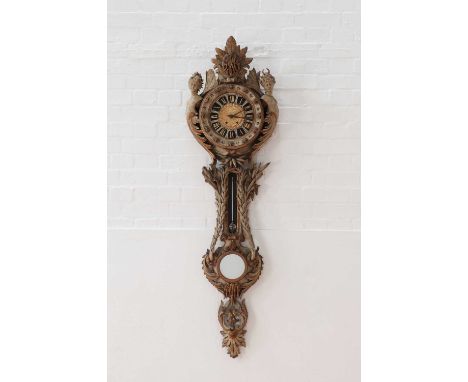 A Continental carved and painted softwood wall clock,19th century, the clock face flanked by two winged herms with foliate ba