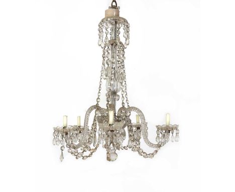 A moulded and cut-glass chandelier, early 20th century, French, with five wrythen branches and variously-shaped drops, 77cm d