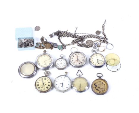 Two silver graduated curb link watch chains and a collection of pocket watches and costume jewellery. The 'Alberts' each with