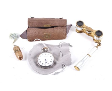 A pocket watch and other items. Including a silver cased, open face keyless pocket watch, J Schuler & Sons, 127 City Road, Lo
