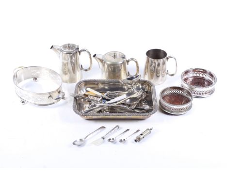 A small collection of silver and silver plate. To include a Scandinavian white metal and mother of pearl handled fork; two En