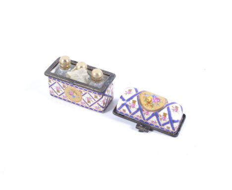 A Continental porcelain three-bottle small perfume decanter case. Bears Limoges marks resembling Sevres, 6cm wide Condition R