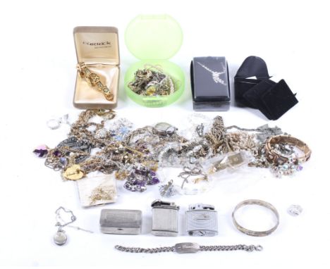 A collection of jewellery. To include a silver flat-section hinged bangle; a silver curb link identity bracelet; a heart-shap