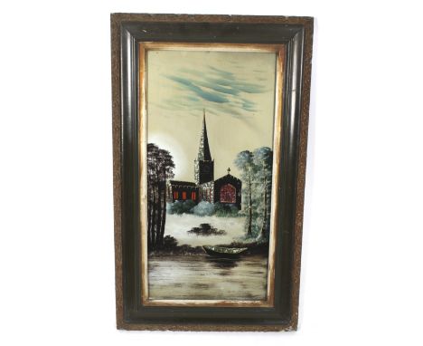 An early 20th century Reverse glass picture. Depicting a church with a lake in the foreground, with applied mother of pearl d