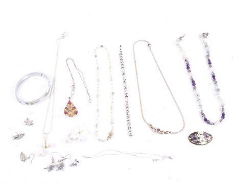A collection of jewellery. Including some silver and a fluorite-chip and facetted amethyst bead necklace, a pair of cultured-