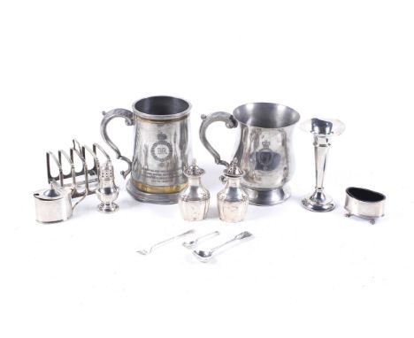 A collection of silver plated items. To include an oval mustard pot and a matching salt, each with a blue glass liner; a pair