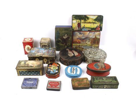 A collection of vintage advertising tins. Including examples for 'Harrogate Toffee', 'Faulkner Nosegay', etc.