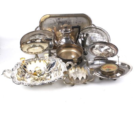 A large collection of assorted silver plate. Including a large oblong fruit bowl with an embossed border and two leaf-capped 