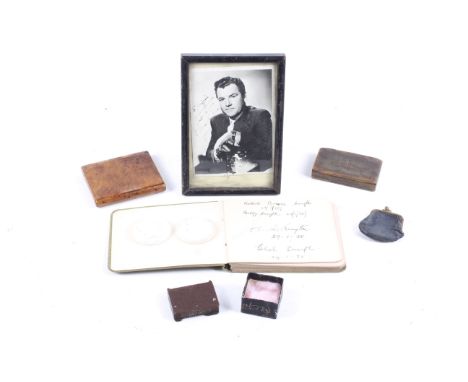 An assortment of collectables. Including an autograph book, horn snuff box, maple cigarette box etc