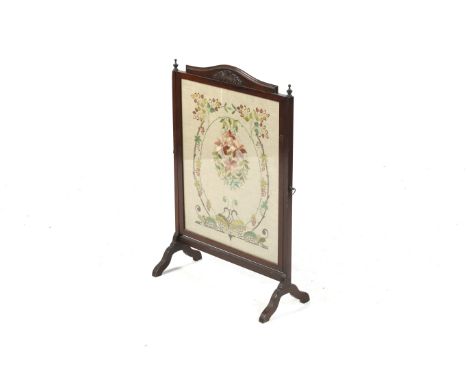 A Victorian style fire screen. Featuring an decorative panel embroidered with flowers, H84cm x W55cm x D24cm