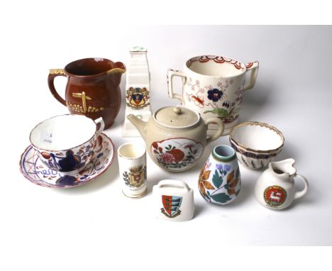 A small selection of assorted 19th century and later ceramics. Including a hand painted Dresden tea bowl, a teapot and creste