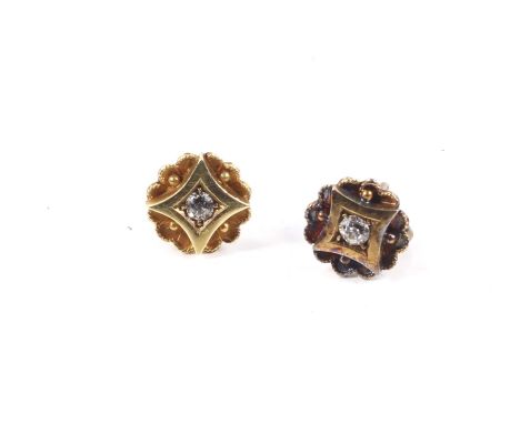 A pair of Victorian gold and small old-cut diamond stud earrings, costume jewellery and watches. The earrings, stamped '15ct'