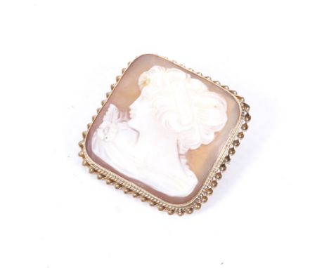 A vintage 9ct gold and oblong shell cameo brooch depicting an unknown female. Hallmarks for Birmingham 1994, 34mm wide, 7.7g 