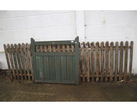 Two sections of wooden picket fencing and a gate. Fence aproximately 250cm long, gate 90cm x 90cm