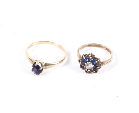 Two vintage gem-set gold rings. Including a 9ct gold, blue and near-colourless paste cluster ring, the shank broken and with 