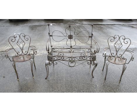 A set of metalwork garden furniture. Consisting of a bench and two chairs, the bench H105cm x W105cm x D54cm, chair, H91cm