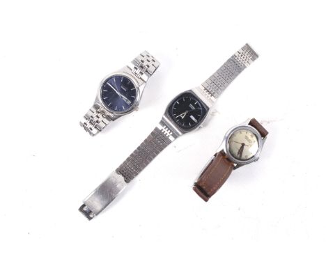 Three gentleman's stainless steel wrist and bracelet watches. Comprising; Matex Watch, a gentleman's round wrist watch, circa