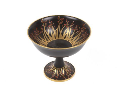 A Royal Worcester small Art Nouveau comport pedestal dish. Featuring an unusual pattern of gilt and red berries on a black gr