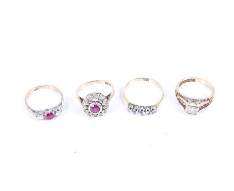 A group of four 9ct gold dress rings set with synthetic rubies and white stones. Comprising; a cluster ring, size I; a three 