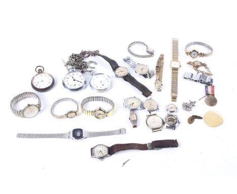 A collection of miscellaneous wrist, bracelet and pocket watches. To include a gun metal and two chrome cased open face keyle