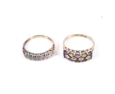 Two 9ct gold and gem set rings. Comprising; a tiny eight-cut diamond five stone illusion ring, London convention hallmarks, s