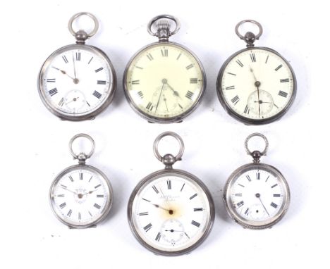 A group of six silver cased open-face pocket and fob watches. A 'J.W. Benson, London' with a key wind 'The Ludgate' three-qua