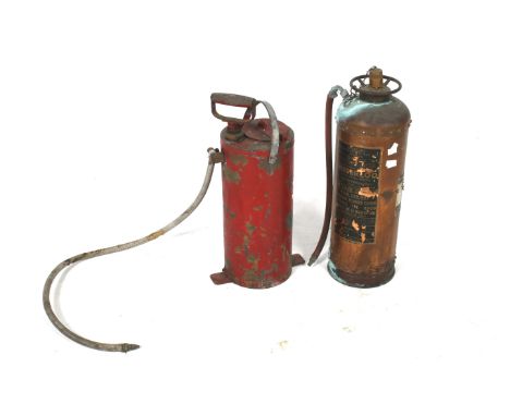 Two vintage fire extinguishers. Comprising of a 'Waterloo' and a 'Nesthill' stirrup pump type. Max. H56cm