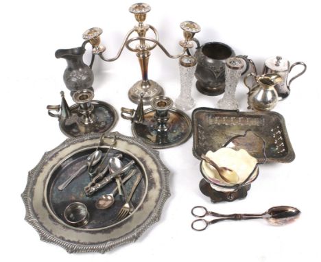 A pair of silver mounted clear cut glass specimen vases and a collection of plated items. To include; a pair of round chamber
