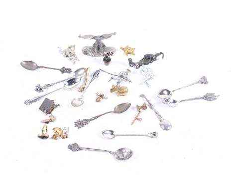 A group of assorted small collectables. Including silver spoons, lead figures, rolled gold, etc.