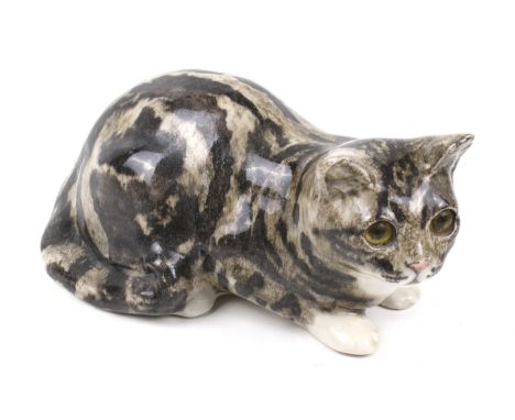 A vintage Winstanley pottery seated tabby cat. With glass eyes, marked '#5', H14cm Condition Report: Overall in good-very goo