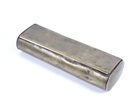 A vintage cylindrical brass pipe smokers tobacco, match holder. With a hinged lid and two end compartments. L12.5cm x D4cm x 