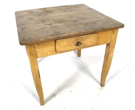 A vintage square top scumball glazed kitchen table. With a pine plank work surface, a single drawer at one end, on square tap