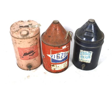 Three vintage oil cans. For 'Vigzol', 'Esso Blue Paraffin' and 'Aladdin Pink', H53cm