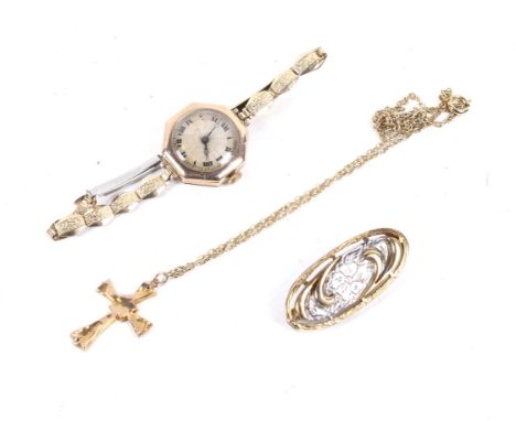A small collection of jewellery including an early 20th century gold fleuree cross. Stamped '9c', 0.8g; on a gold-plated chai