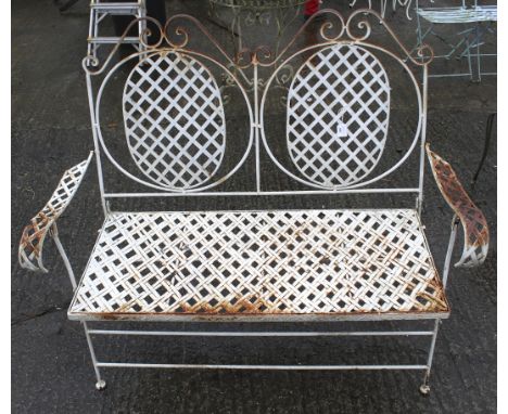 A metal garden bench. Painted blue, H106cm x W120cm x D55cm