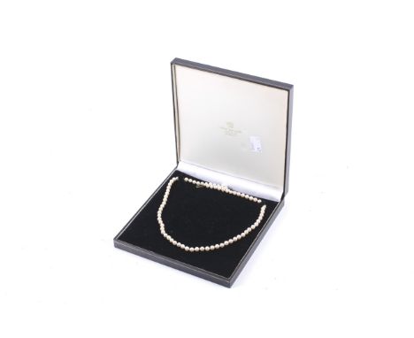 A cultured-pearl single row necklace knotted on a 9ct gold clasp. Approx. 56cm long overall (22 inches)