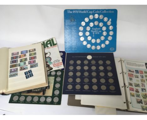 A collection of commemorative nickel coins 1970 World Cup FA 1972 Centenary two stamp albums and other oddments.