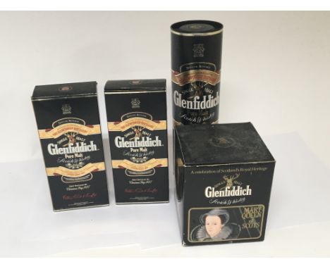 Four bottles of Glenfiddich Pure Malt Scotch Whisky three Special reserve and an Edtion commemorating Mary Queen of Scots. Tw