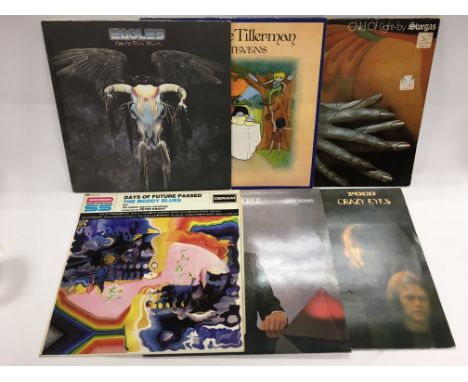 A box of LP vinyl records by various artists including Swegas - Child Of light, Eagles, Cat Stevens and others plus various 7