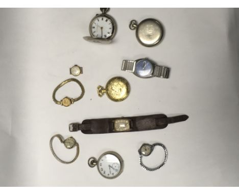 Bag of wristwatches and pocket watches containing automatic rotary and a military pocket watch.