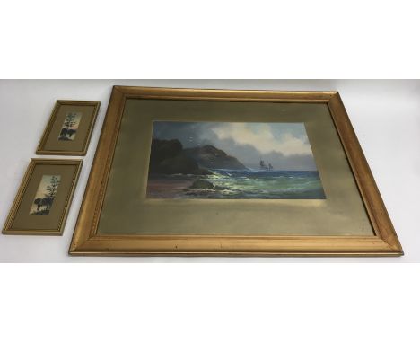 A large framed oil seascape painting, indistinctly signed, and two smaller framed watercolour paintings of yachts on a lake, 