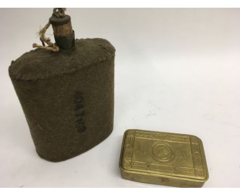 WWI brass princess Mary tin and WWII flask.