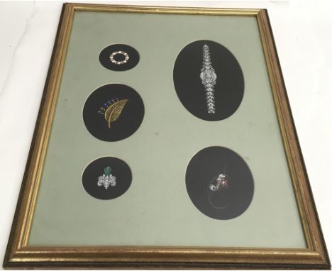 A framed set of finely detailed, original watercolour sketches by jewellery designer Charles Hatch who worked for Philip Antr
